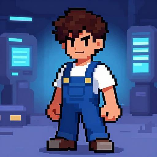 Pixel art of a determined young man with brown hair, wearing blue overalls and white shirt, standing in a blue-lit, futuristic room.