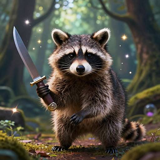 Whimsical Raccoon with Knife in Enchanted Forest