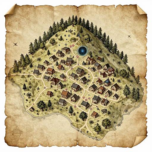 Detailed, vintage-style map illustration of a forested island village with charming houses, winding roads, a blue pond, and surrounding trees.