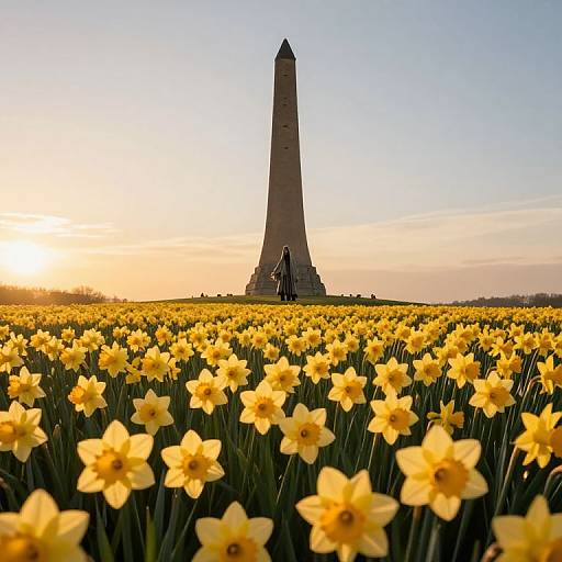 Surreal Tower Amid Blooming Daffodils