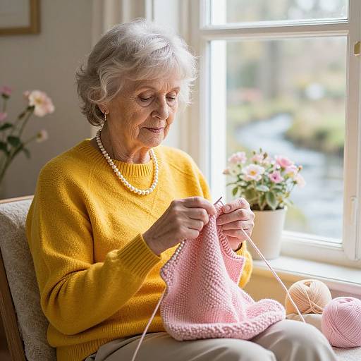 Photograph of an elderly woman with short gray hair, wearing a yellow sweater and pearl necklace, knitting a pink lace scarf by a sunlit window with