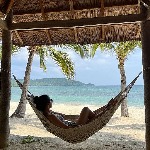 Photograph of a woman in a white hammock under a thatched beach hut, with palm trees and ocean view in the background.