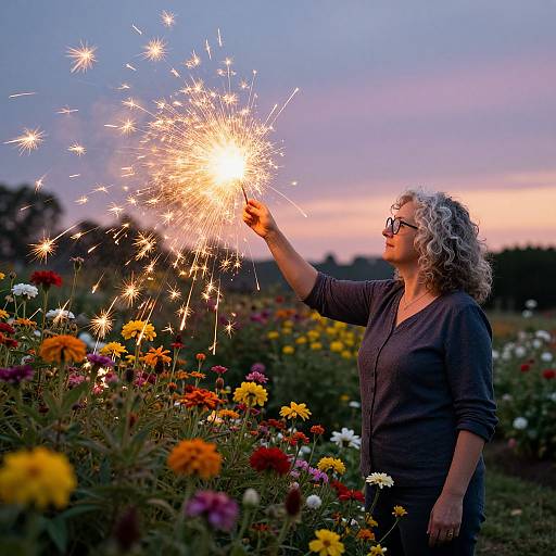 Photograph of a curly-haired, middle-aged woman in a dark shirt, wearing glasses, holding a sparkler over a colorful flower garden at sunset.