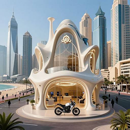 Photorealistic CGI of a futuristic white, whale-like cafe with illuminated curves, motorcycle display, and modern skyscrapers in the background.