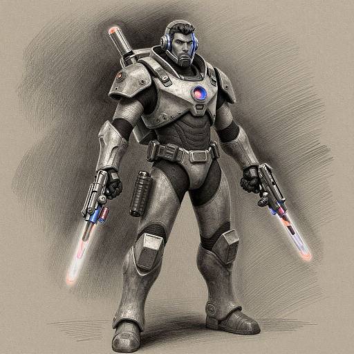 Digital drawing of a muscular, armored soldier with glowing blue and red weapons, futuristic helmet, and glowing chest emblem, standing confidently.