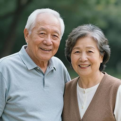 Photograph of smiling elderly Asian couple; man with white hair in light gray polo, woman with short black hair in brown vest over white shirt, outdoor