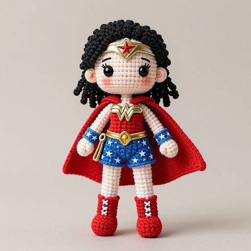Cute crochet doll of Wonder Woman with black curly hair, red cape, blue star-patterned shorts, red boots, and gold tiara.