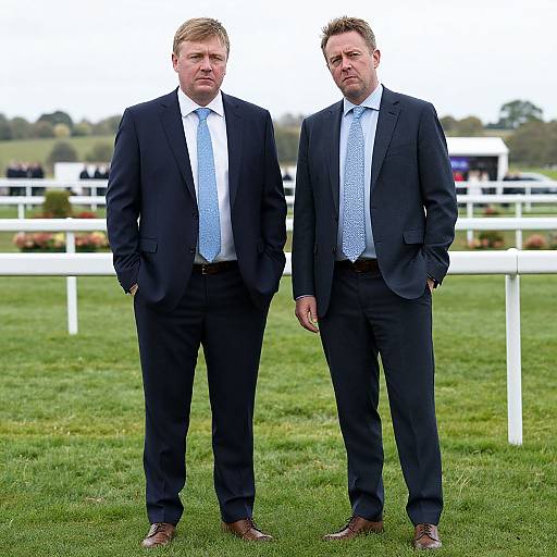 Photograph of two serious, blond, Caucasian men in dark suits and light blue patterned ties standing on green grass, with a white fence and blurred