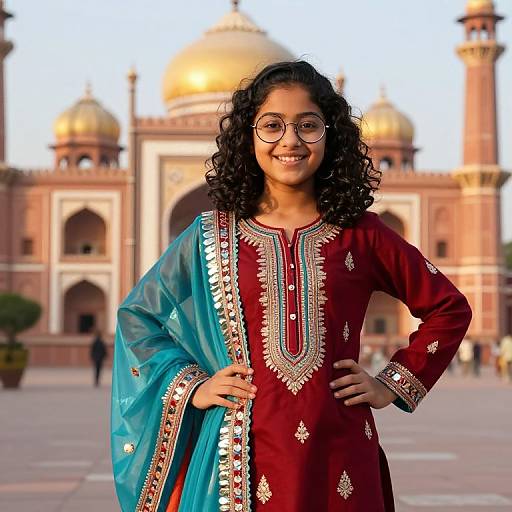 Photograph of a smiling young girl with curly black hair, wearing glasses and a maroon salwar kameez with blue shawl, standing in