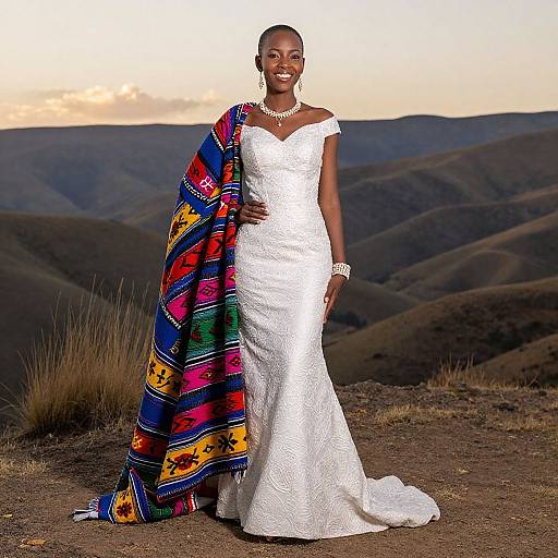 Photograph of smiling African bride in white lace gown, colorful traditional shawl, pearl necklace, and bracelet, standing in mountainous landscape at sunset.