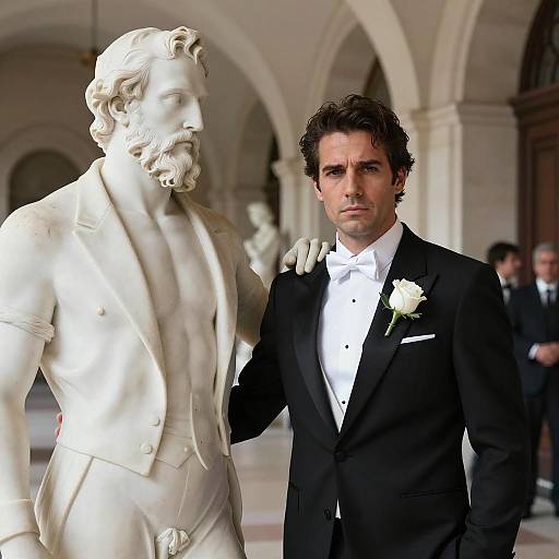Elegant Man Beside Marble Statue