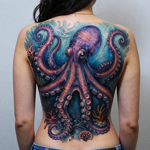 Vibrant Octopus Back Tattoo