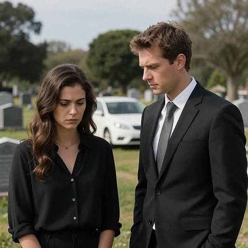 Somber Cemetery Encounter between Couple