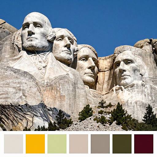 Photograph of Mount Rushmore featuring four large, white-carved presidential faces against a clear blue sky, with color palette below.