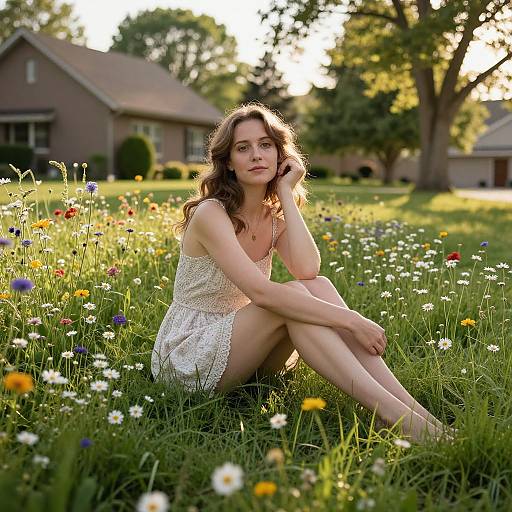 Photograph of a fair-skinned, brown-haired woman in a white lace dress, sitting in a sunlit meadow with colorful wildflowers, and