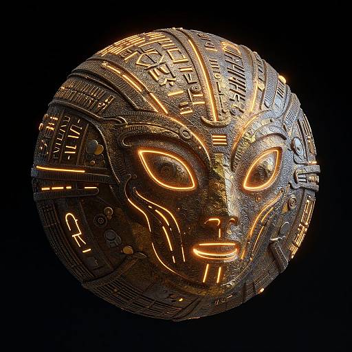 Glowing, intricately patterned, metallic sphere with a fierce, illuminated face, featuring sharp eyes and detailed carvings, set against a