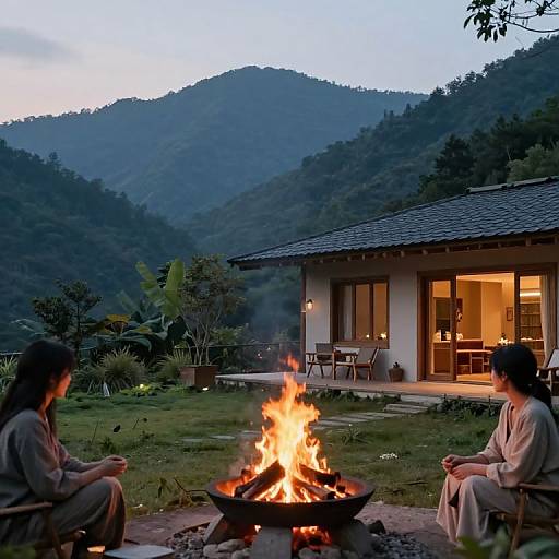 Photograph of two people in beige robes sitting by a burning fire pit in front of a mountainous, forested house at dusk.