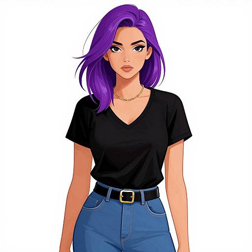 Digital illustration of a confident woman with vibrant purple hair, wearing a black V-neck shirt, blue high-waisted jeans, and a gold necklace,