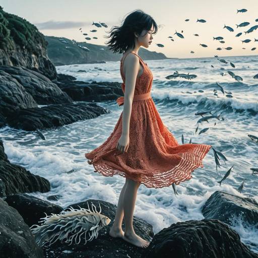 Contemplative Woman on Rocky Shoreline with Leaping Fish