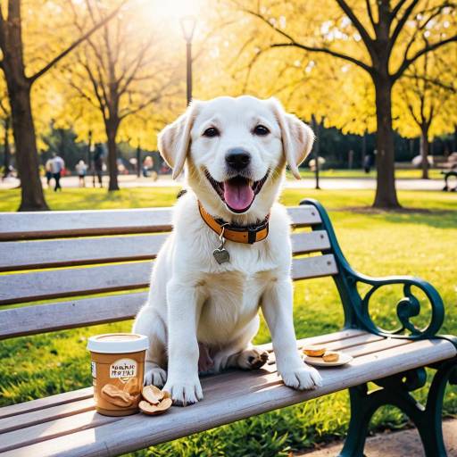 Happy Puppy with Peanut Butter Treat on Park Bench
