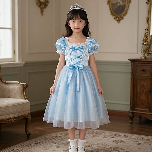 Photograph of an Asian girl with straight black hair, wearing a light blue Disney Princess dress, white socks, and a silver tiara, standing in