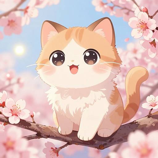 Cute Anime Cat on Cherry Blossom