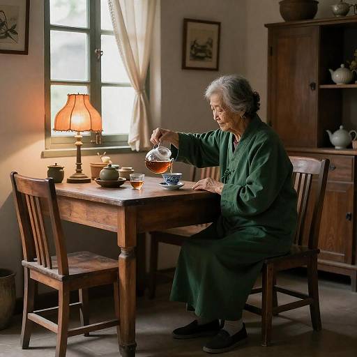 Elderly Woman Pouring Tea at Wooden Table