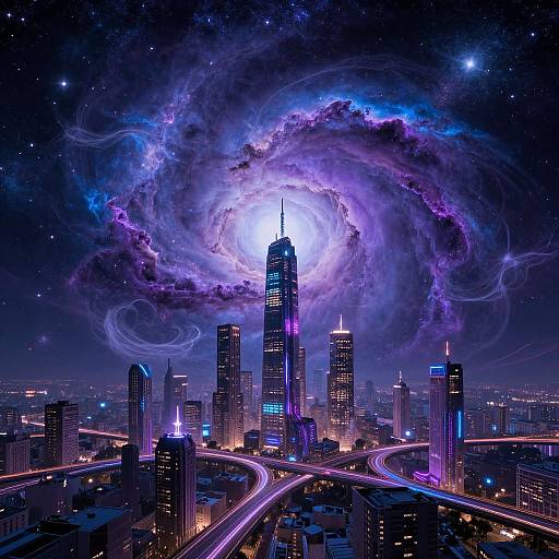 Digital artwork: Glowing purple and blue cosmic swirl over a futuristic cityscape with neon-lit skyscrapers and winding highways at night.