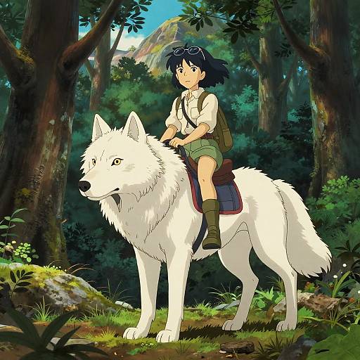 Anime Girl Riding Giant White Wolf in Forest