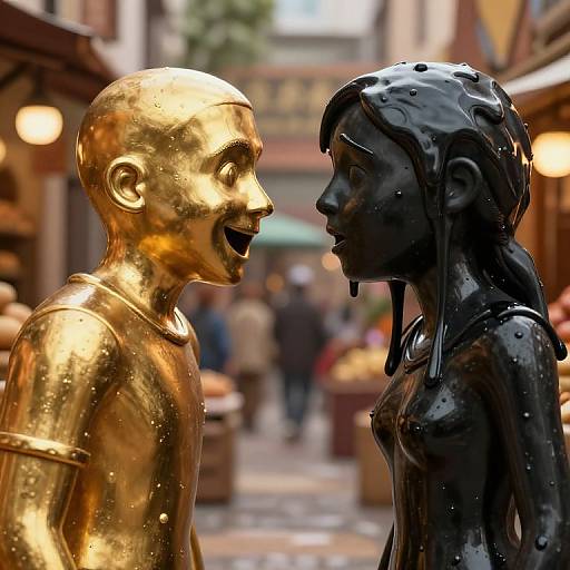 Photograph of a golden and black shiny statue of a smiling man and woman facing each other in a bustling outdoor market.
