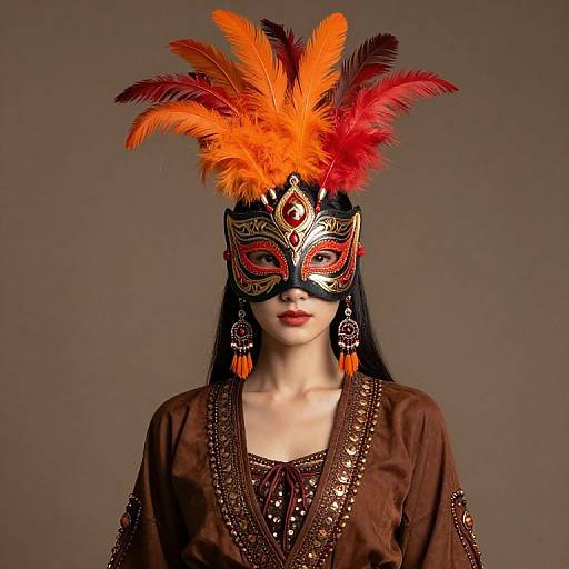 Masked Woman in Feathery Brown Outfit