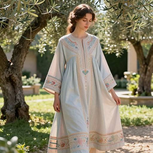 Photograph of a young woman with fair skin and wavy brown hair, wearing an intricate light blue embroidered long dress, standing in a sunlit olive