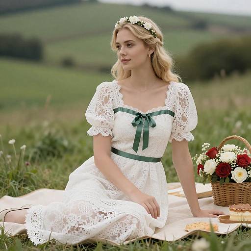 Blonde in White Lace Picnic Scene