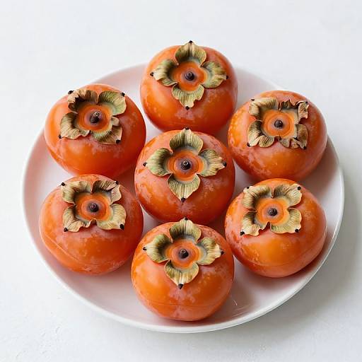 Photograph of seven vibrant red cherry tomatoes with brown, star-shaped tops, arranged in a white circular plate.