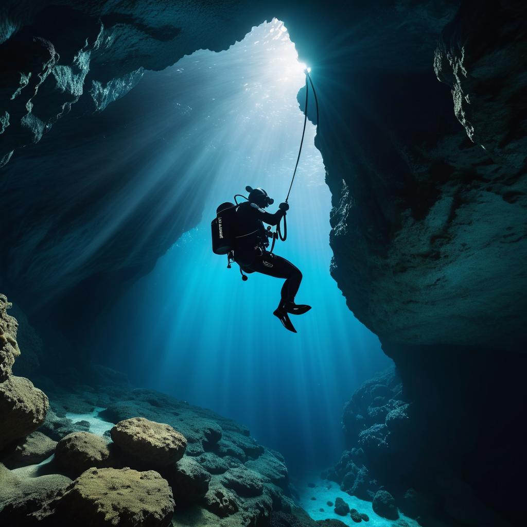 Epic Scuba Diver Scaling Underwater Cave