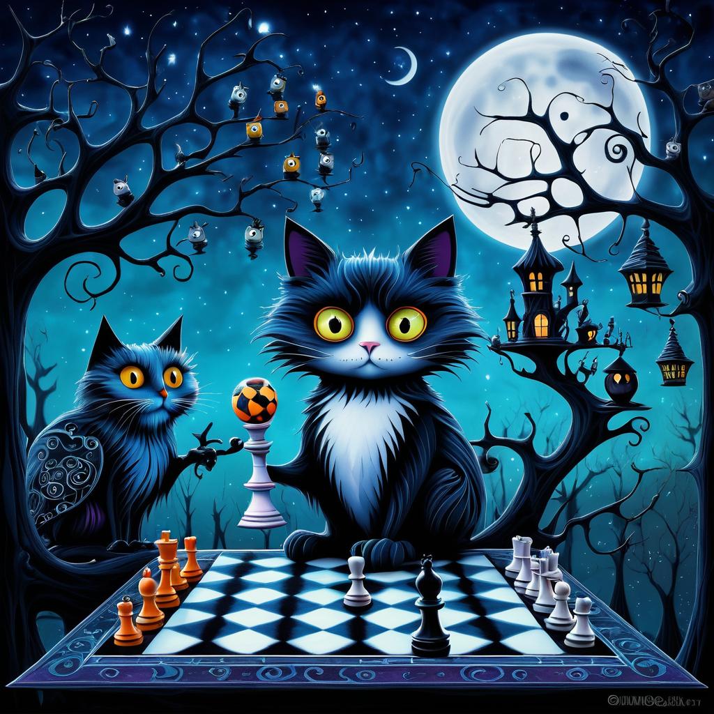 Whimsical Cat and Owl Chess Match