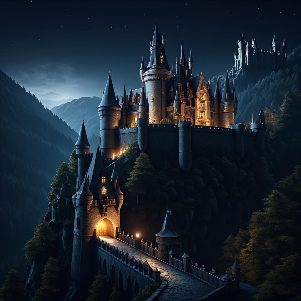 Majestic Midnight Castle on a Mountain