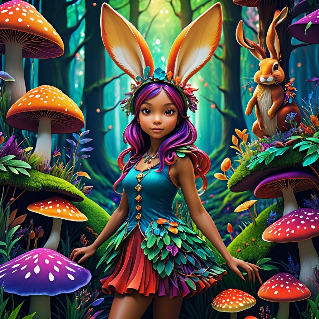 Whimsical Rabbit Girl in Vibrant Fungi