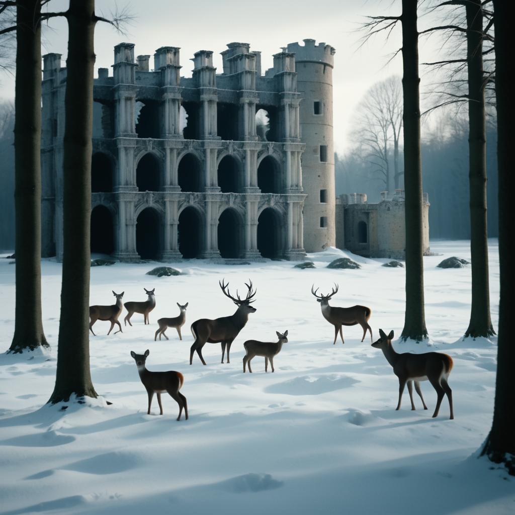 Deer in Snowy Castle Ruins