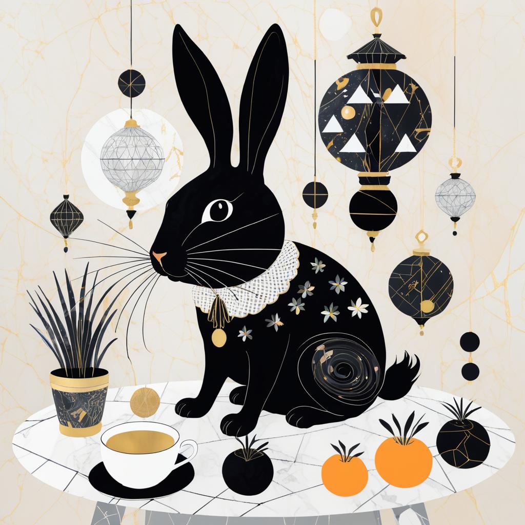 Whimsical Black Rabbit on Marble Table