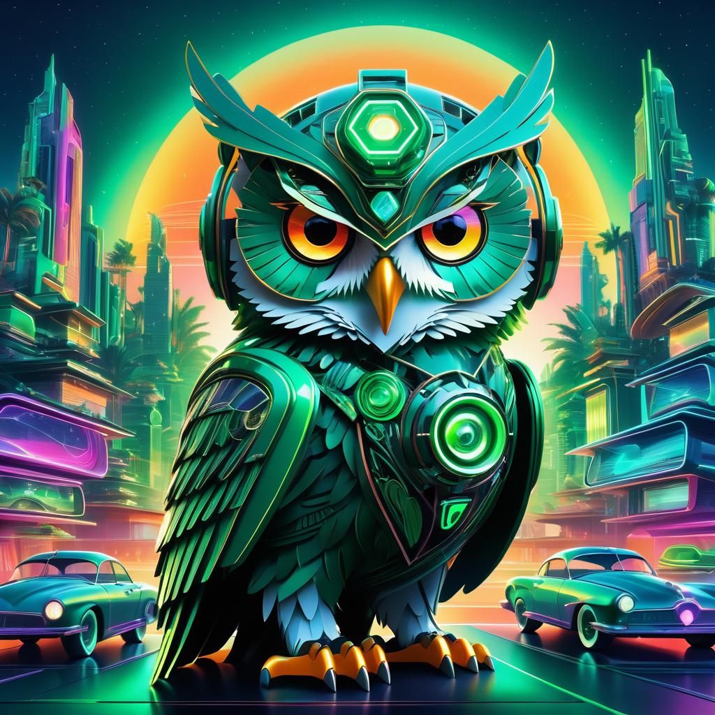 Majestic Owl in Retro-Futuristic Sunset