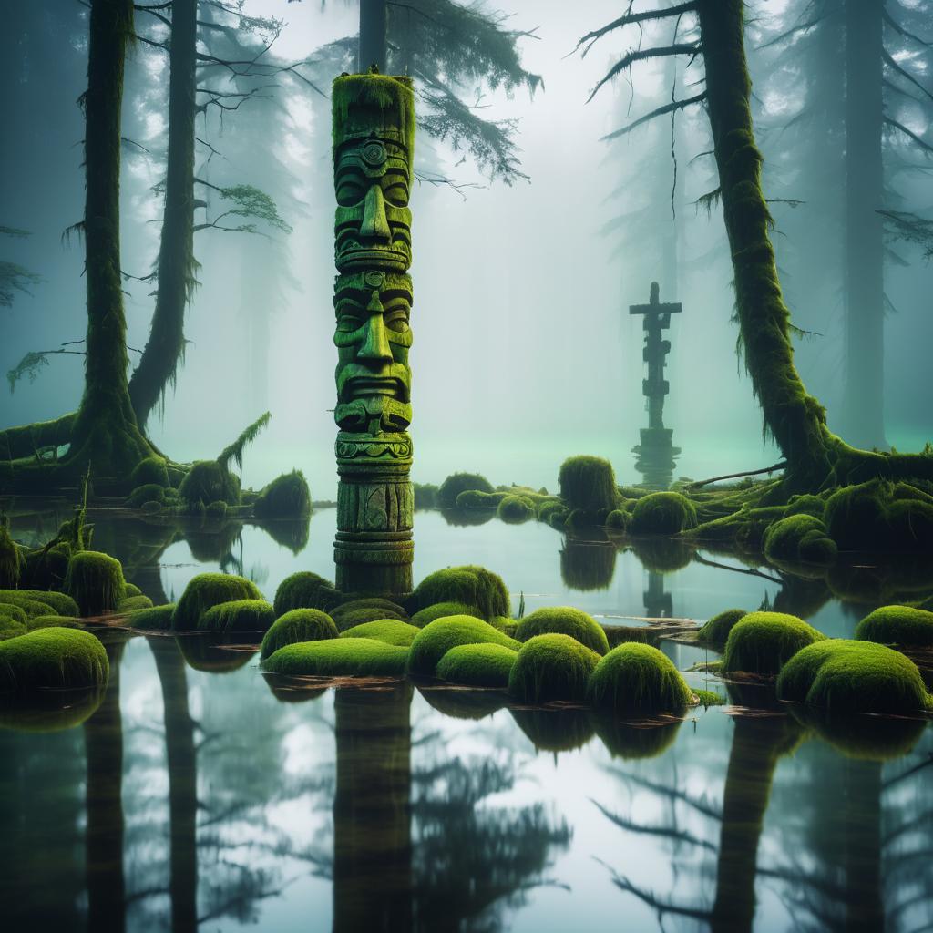 Mystical Weathered Totem in Forest Pond