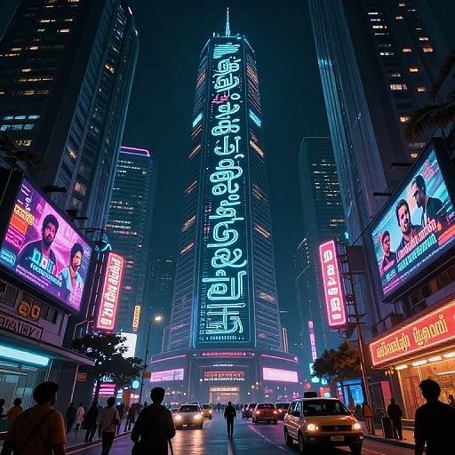 Neon-lit, vibrant city street photograph of a bustling nighttime urban scene with brightly glowing signs in Korean, towering skyscrapers, and pedestrians.
