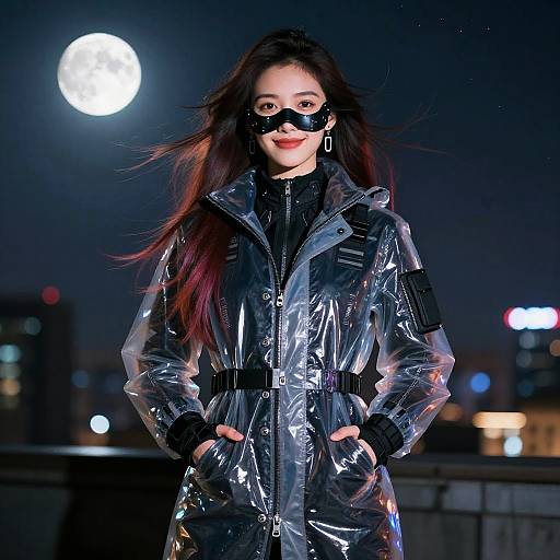 Photograph of a woman with long dark hair, wearing a transparent plastic coat, black mask, and earrings, standing under a full moon, hands in