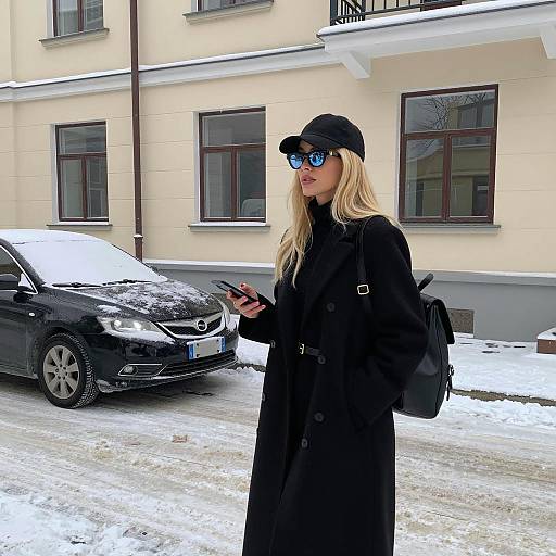 Chic Woman in Snowy Urban Setting
