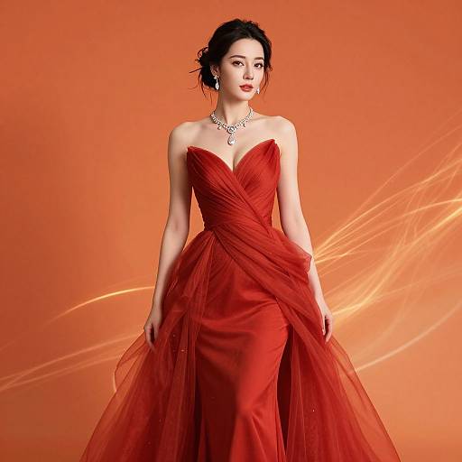 Photograph of a beautiful woman in a strapless, red, floor-length gown with a flowing, ruffled skirt against an orange background. She wears