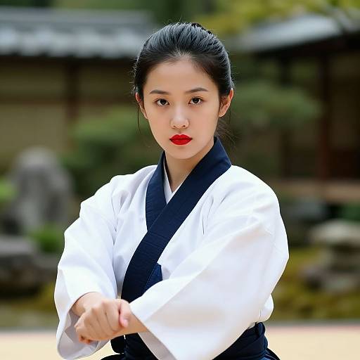 Photograph of an East Asian woman with black hair in a traditional white and black kimono, standing outdoors with a blurred traditional Japanese garden background, looking