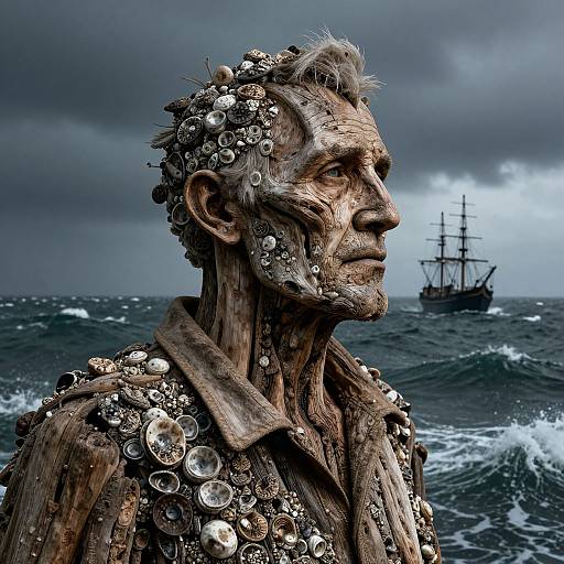 Photorealistic digital art of a weathered, metal-faced man adorned with gears and bubbles, standing on a stormy sea with a ship in the
