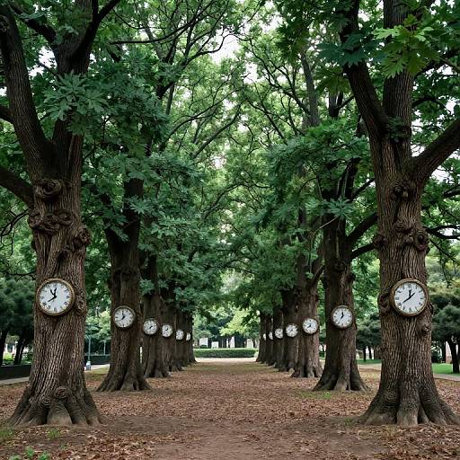 Photograph of a tree-lined park pathway with evenly spaced large trees, each adorned with a white clock face, surrounded by lush green foliage and scattered brown