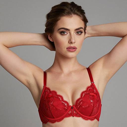 Woman in Red Lace Bra with Raised Arms